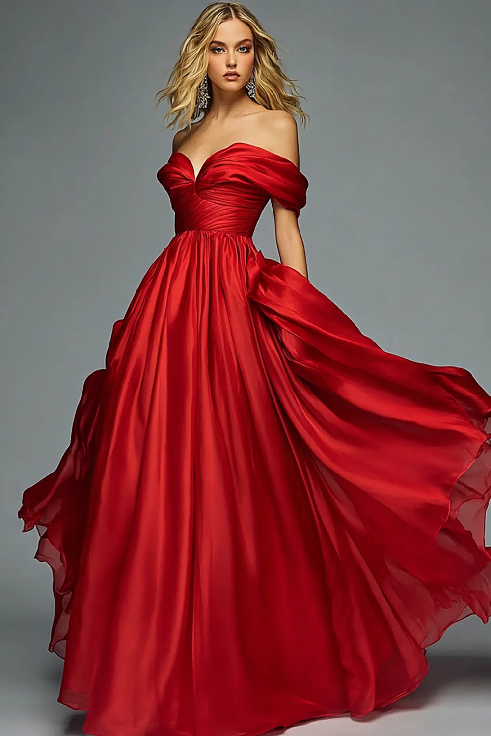 Red Organza Off The Shoulder A Line Pleated Long Formal Dress