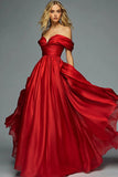 Red Organza Off The Shoulder A Line Pleated Long Formal Dress
