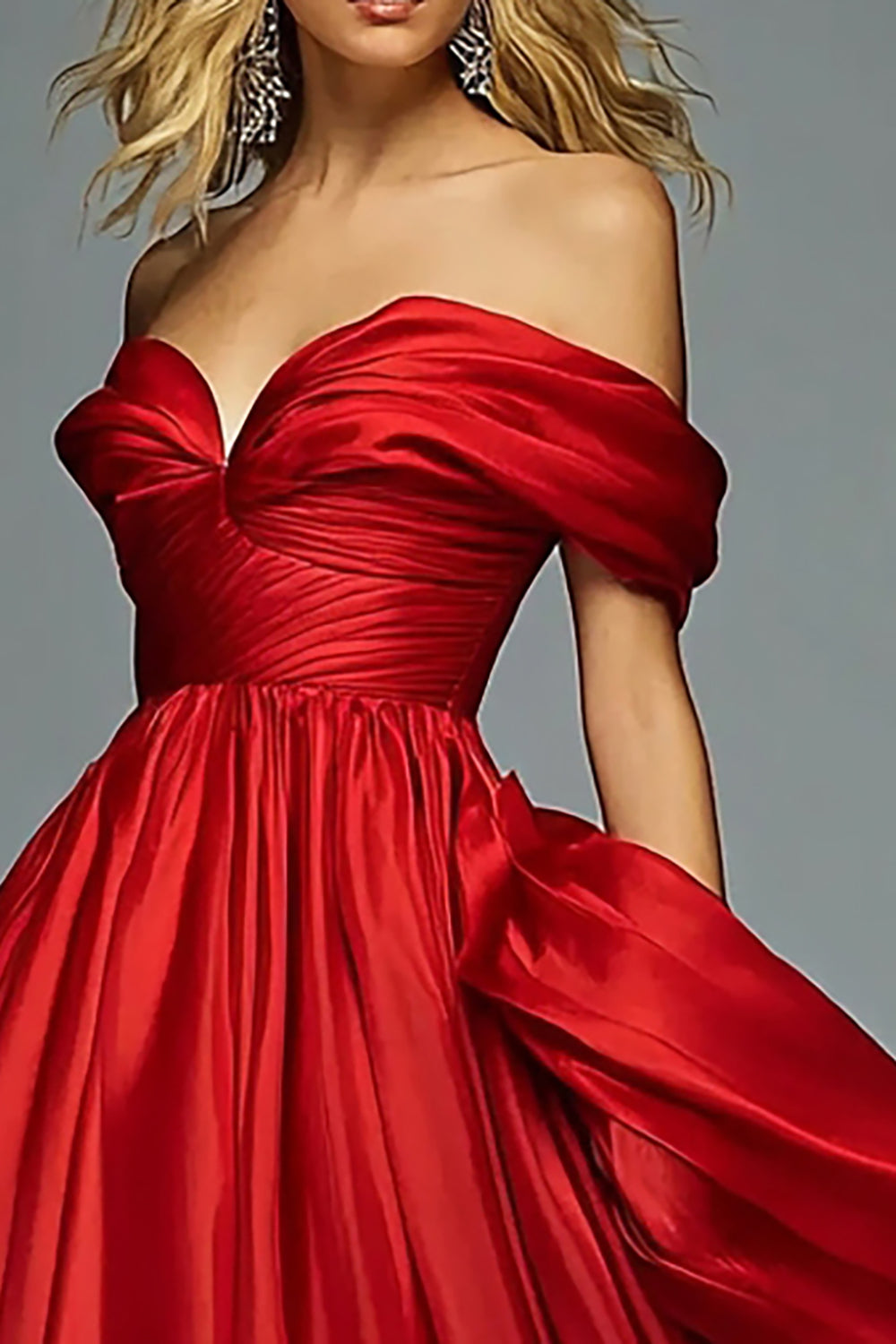 Red Organza Off The Shoulder A Line Pleated Long Formal Dress