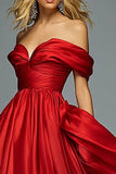 Red Organza Off The Shoulder A Line Pleated Long Formal Dress