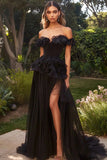 Black Chiffon Off The Shoulder A Line Ruffled Long Formal Dress