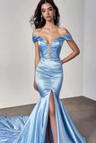 Sky Blue Satin Off The Shoulder Mermaid Beaded Long Formal Dress with Slit