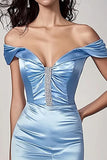 Sky Blue Satin Off The Shoulder Mermaid Beaded Long Formal Dress with Slit