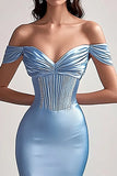 Sky Blue Off The Shoulder Mermaid Corset Satin Long Formal Dress