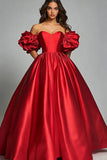 Red Off The Shoulder A Line Satin Ruffle Puff Sleeves Long Formal Dress