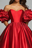 Red Off The Shoulder A Line Satin Ruffle Puff Sleeves Long Formal Dress