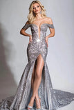 Sparkly Silver Mermaid Off The Shoulder Sequins Long Formal Dress with Slit