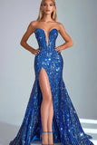 Sparkly Royal Blue Strapless Mermaid Sequins Long Formal Dress