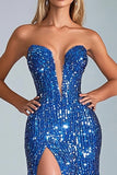Sparkly Royal Blue Strapless Mermaid Sequins Long Formal Dress