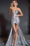 Silver Strapless Mermaid Sequins Long Formal Dress with Slit