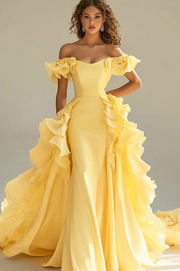Yellow Off The Shoulder Mermaid Ruffles Satin Long Formal Dress
