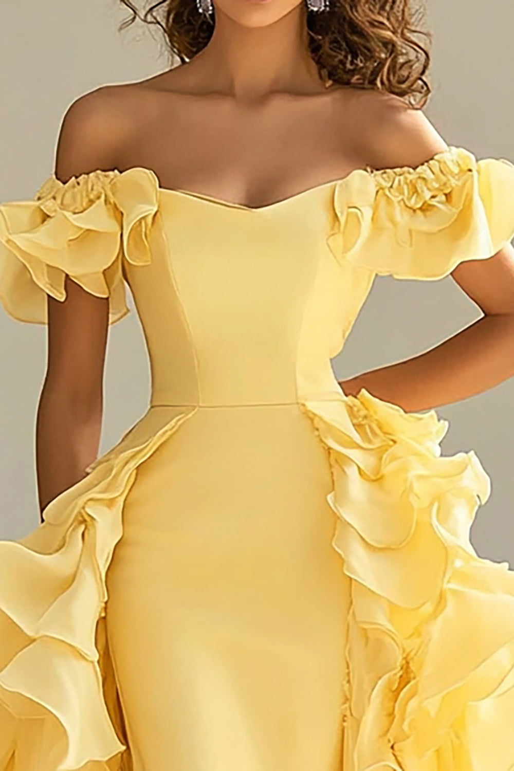 Yellow Off The Shoulder Mermaid Ruffles Satin Long Formal Dress