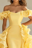 Yellow Off The Shoulder Mermaid Ruffles Satin Long Formal Dress