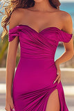 Fuchsia Off The Shoulder Satin Mermaid Ruched Long Formal Dress with Slit