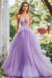 Lilac A Line Deep V-Neck Tulle Long Formal Dress