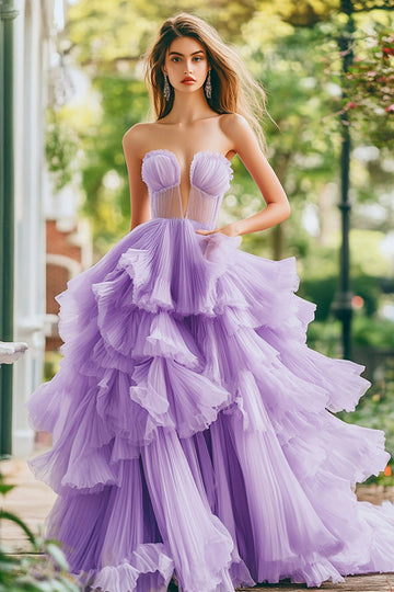 Lilac Strapless A Line Ruffled Tiered Tulle Long Formal Dress