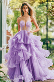 Lilac Strapless A Line Ruffled Tiered Tulle Long Formal Dress