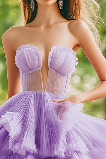 Lilac Strapless A Line Ruffled Tiered Tulle Long Formal Dress