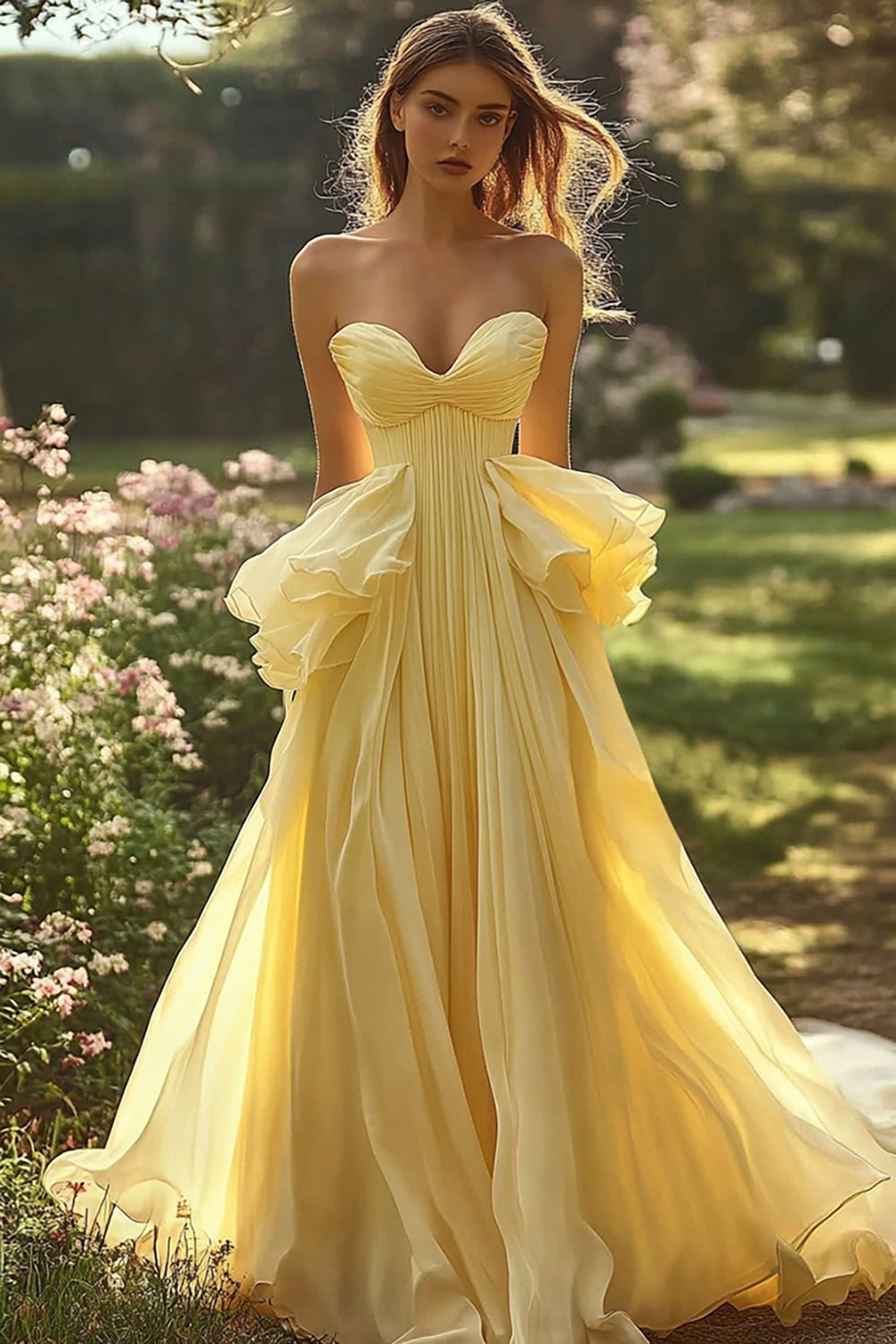 Daffodil Chiffon Strapless A Line Ruffles Long Formal Dress