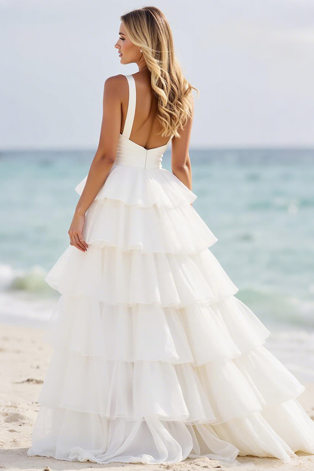 White A Line Tiered Organza Long Formal Dress