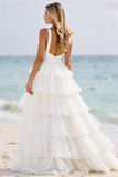 White A Line Tiered Organza Long Formal Dress