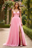 Pink A Line Spaghetti Straps Chiffon Long Formal Dress