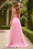 Pink A Line Spaghetti Straps Chiffon Long Formal Dress