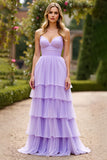 Lilac A Line Spaghetti Straps Tiered Chiffon Long Formal Dress