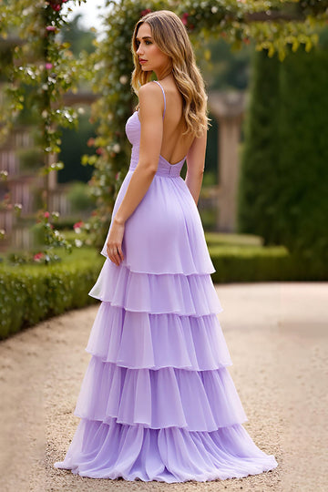 Lilac A Line Spaghetti Straps Tiered Chiffon Long Formal Dress
