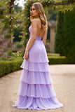 Lilac A Line Spaghetti Straps Tiered Chiffon Long Formal Dress