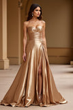 Gold Strapless A Line Metallic Satin Long Formal Dress