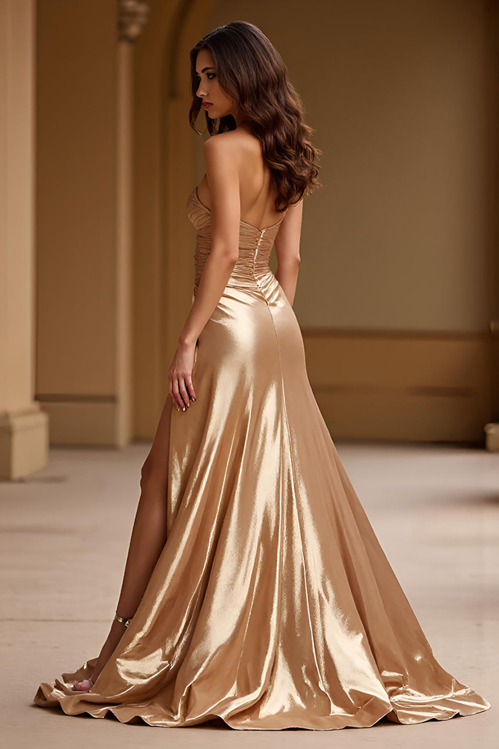 Gold Strapless A Line Metallic Satin Long Formal Dress
