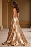 Gold Strapless A Line Metallic Satin Long Formal Dress