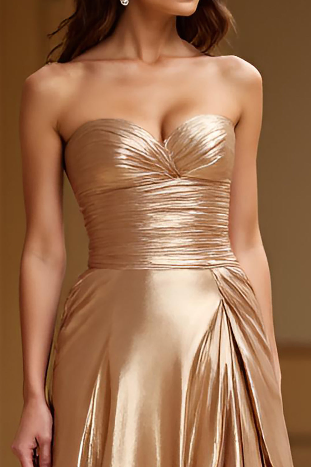 Gold Strapless A Line Metallic Satin Long Formal Dress