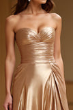 Gold Strapless A Line Metallic Satin Long Formal Dress