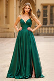 Dark Green A Line Spaghetti Straps Satin Long Formal Dress