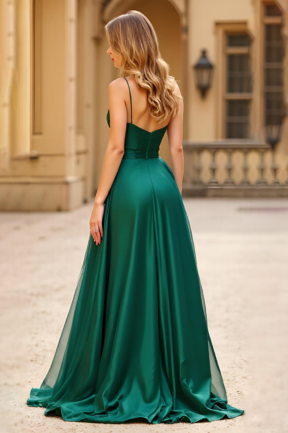 Dark Green A Line Spaghetti Straps Satin Long Formal Dress