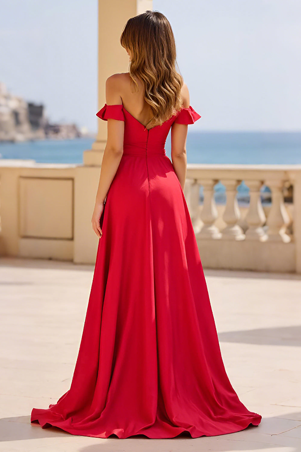 Red A Line Off the Shoulder Satin Long Formal Dress with Slit