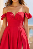 Red A Line Off the Shoulder Satin Long Formal Dress with Slit