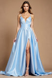 Sky Blue A Line Simple Ruched Satin Long Formal Dress with Slit