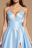 Sky Blue A Line Simple Ruched Satin Long Formal Dress with Slit