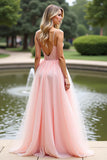 Pink A Line Spaghetti Straps Long Formal Dress with Lace