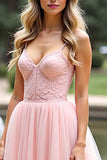 Pink A Line Spaghetti Straps Long Formal Dress with Lace