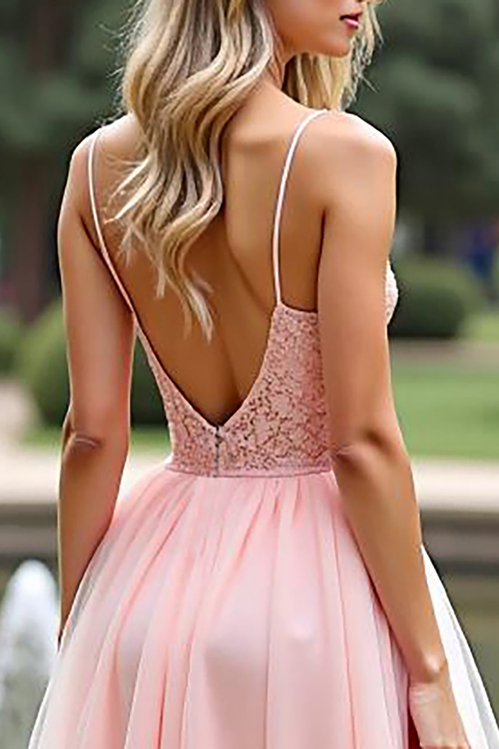 Pink A Line Spaghetti Straps Long Formal Dress with Lace