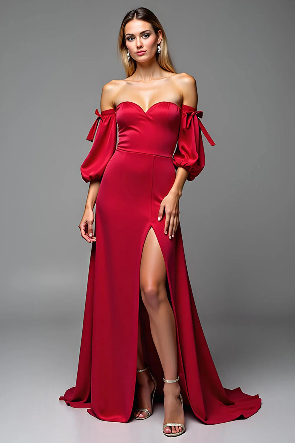 Red Satin Sweetheart Sheath Puff Sleeves Long Formal Dress with Slit