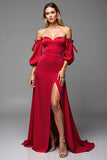 Red Satin Sweetheart Sheath Puff Sleeves Long Formal Dress with Slit