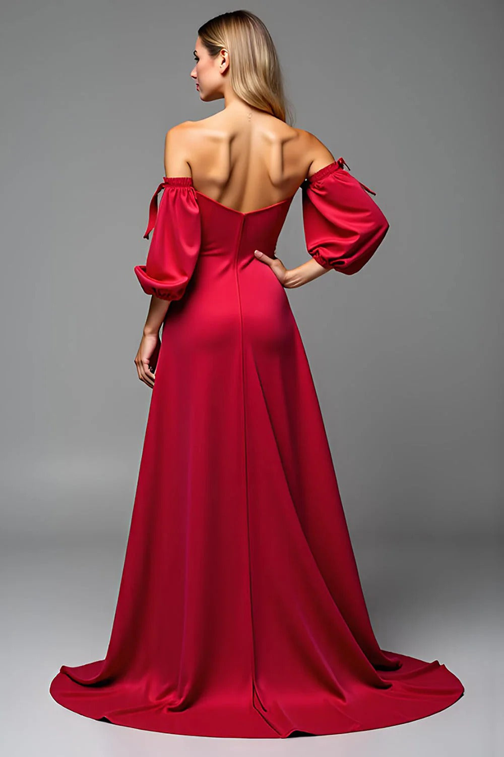 Red Satin Sweetheart Sheath Puff Sleeves Long Formal Dress with Slit