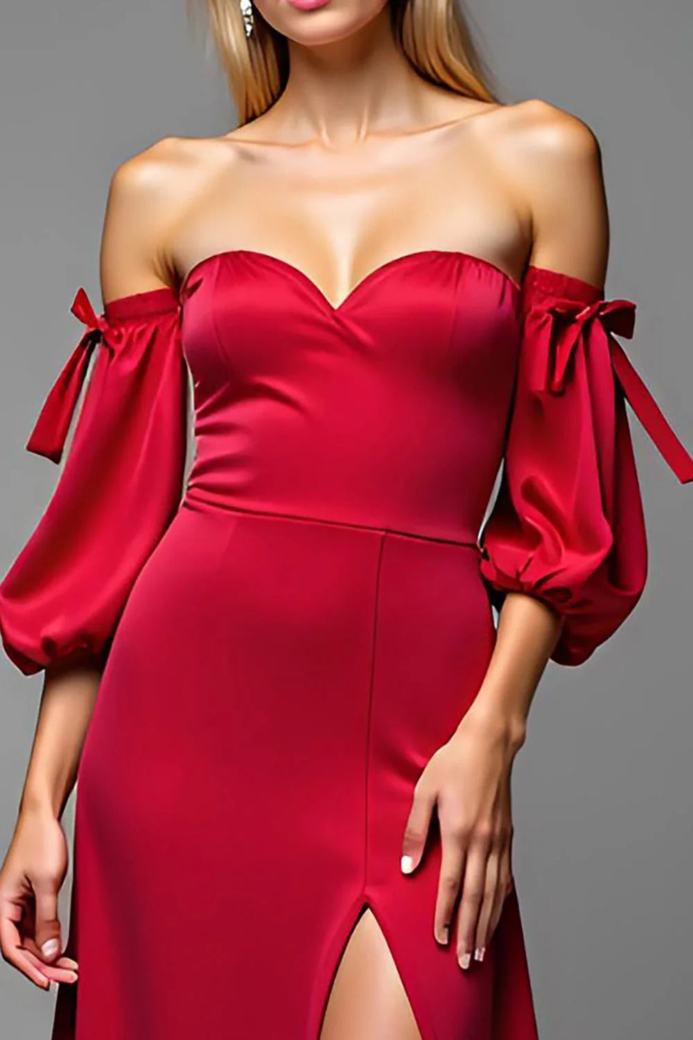 Red Satin Sweetheart Sheath Puff Sleeves Long Formal Dress with Slit