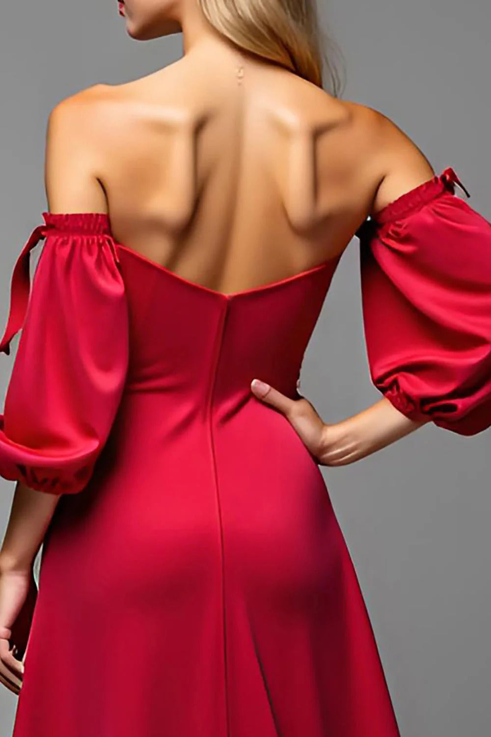 Red Satin Sweetheart Sheath Puff Sleeves Long Formal Dress with Slit