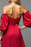 Red Satin Sweetheart Sheath Puff Sleeves Long Formal Dress with Slit